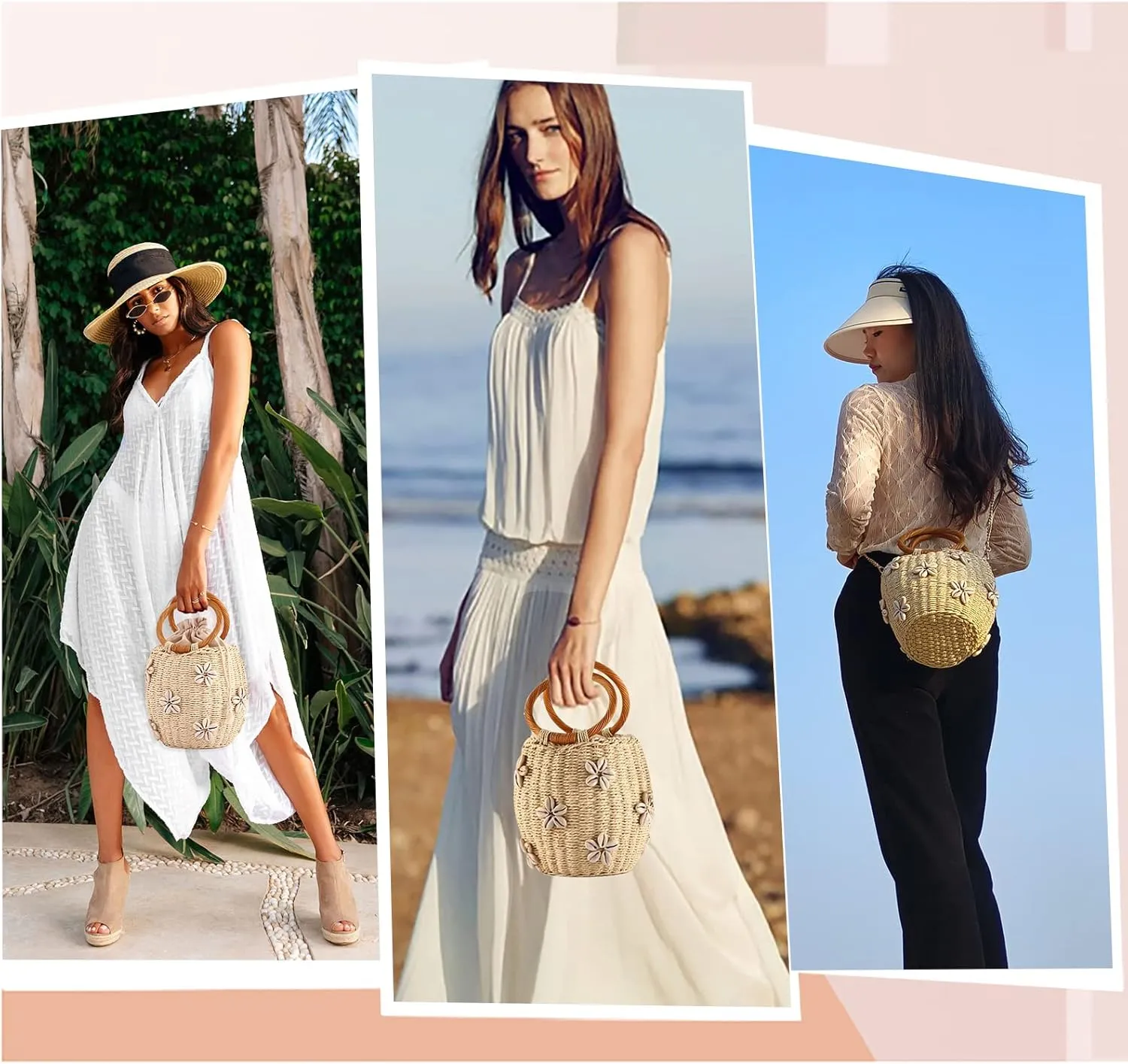 Flower Pearls Rattan Tote Bag Summer Beach Drawstring Straw Bucket Bag Diamonds Woven Handbag