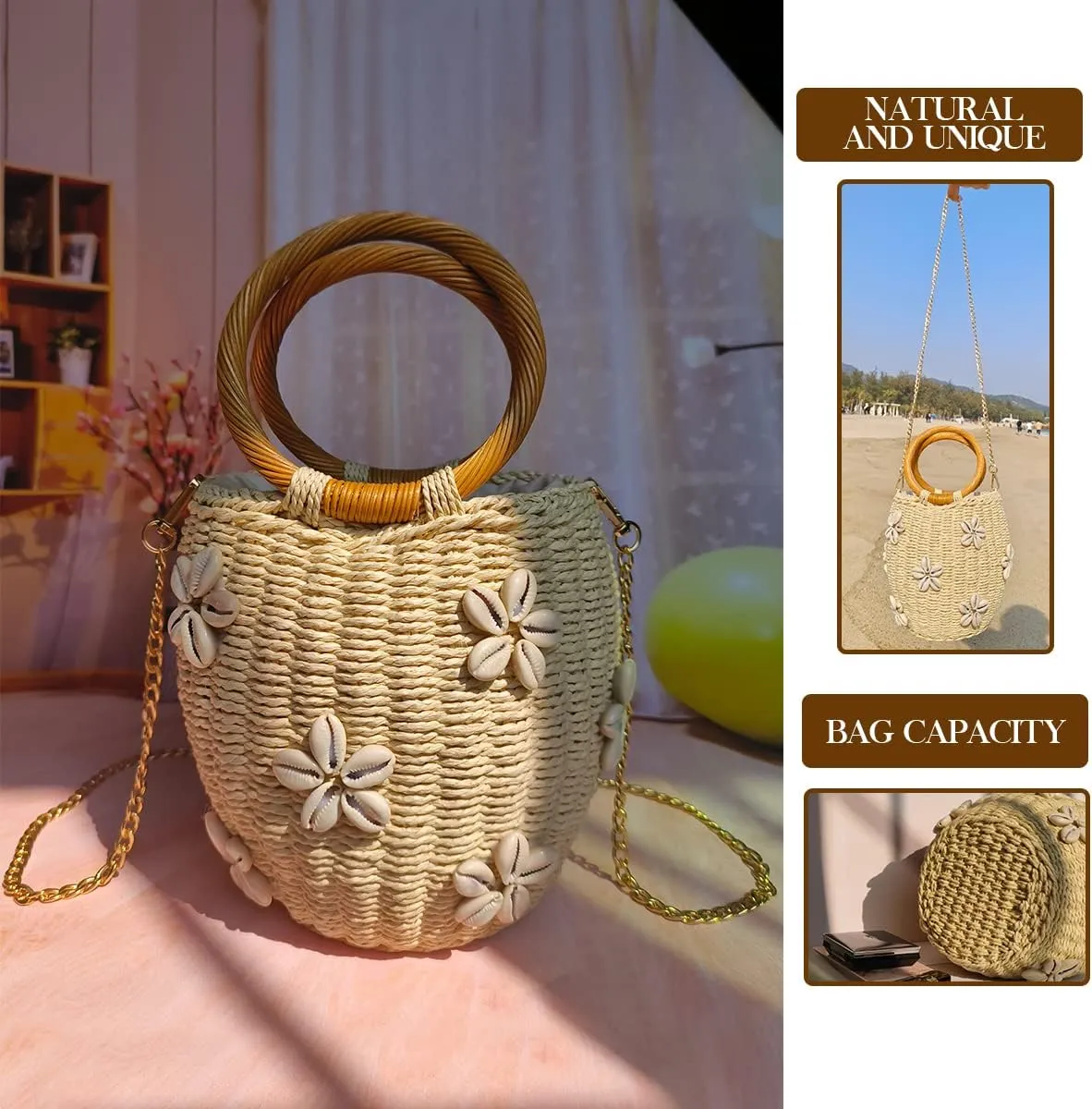 Flower Pearls Rattan Tote Bag Summer Beach Drawstring Straw Bucket Bag Diamonds Woven Handbag