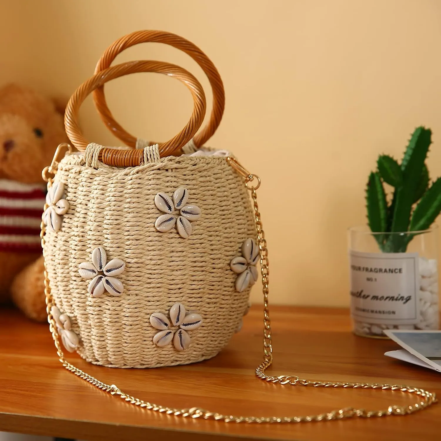 Flower Pearls Rattan Tote Bag Summer Beach Drawstring Straw Bucket Bag Diamonds Woven Handbag