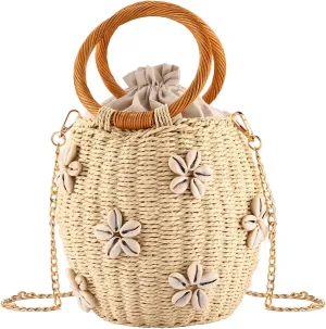 Flower Pearls Rattan Tote Bag Summer Beach Drawstring Straw Bucket Bag Diamonds Woven Handbag