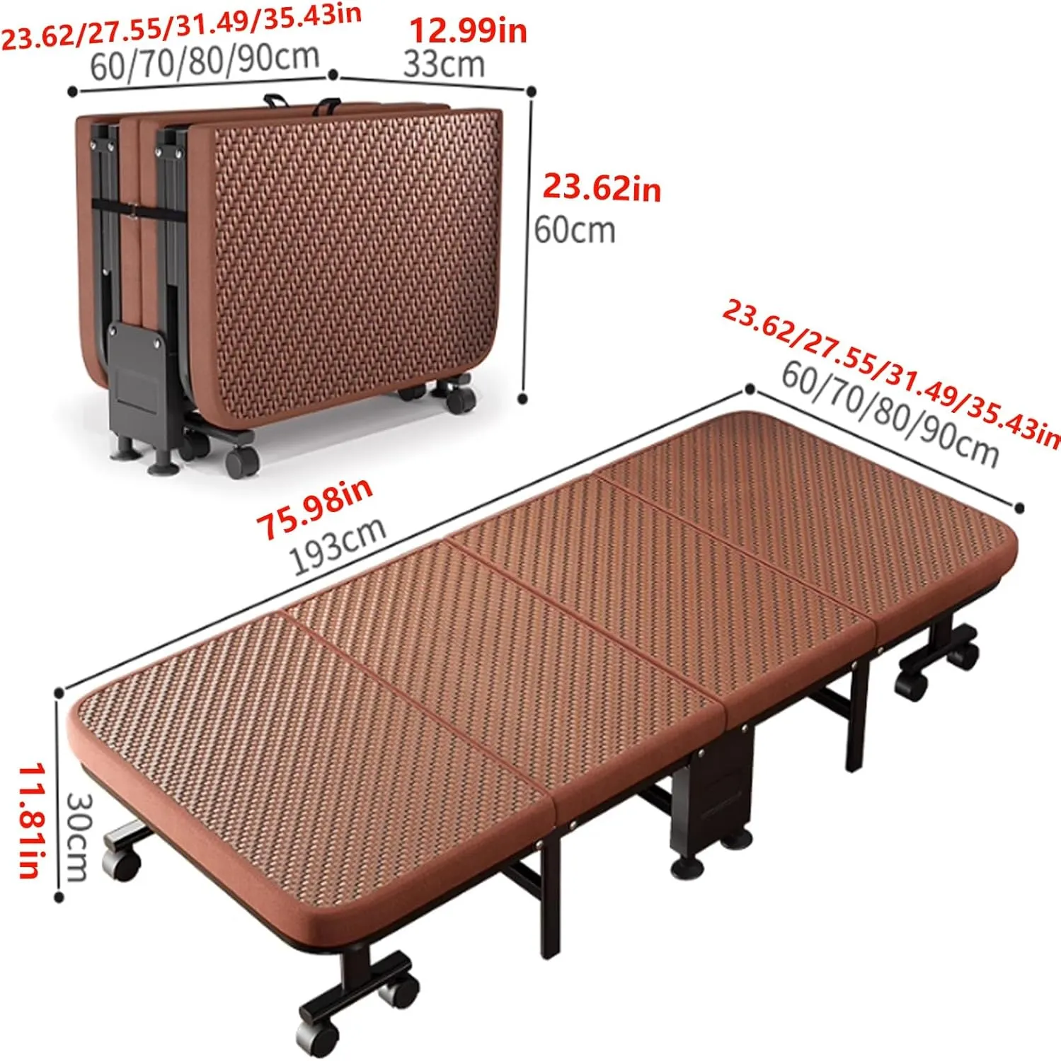 Folding Bed with Cooling PE Rattan Surface, 360° Wheels & Heavy-Duty Steel Frame, Ergonomic Guest Cot 240KG Capacity, Portable for Hospital, Office, Home Use(193 * 90 * 30cm)