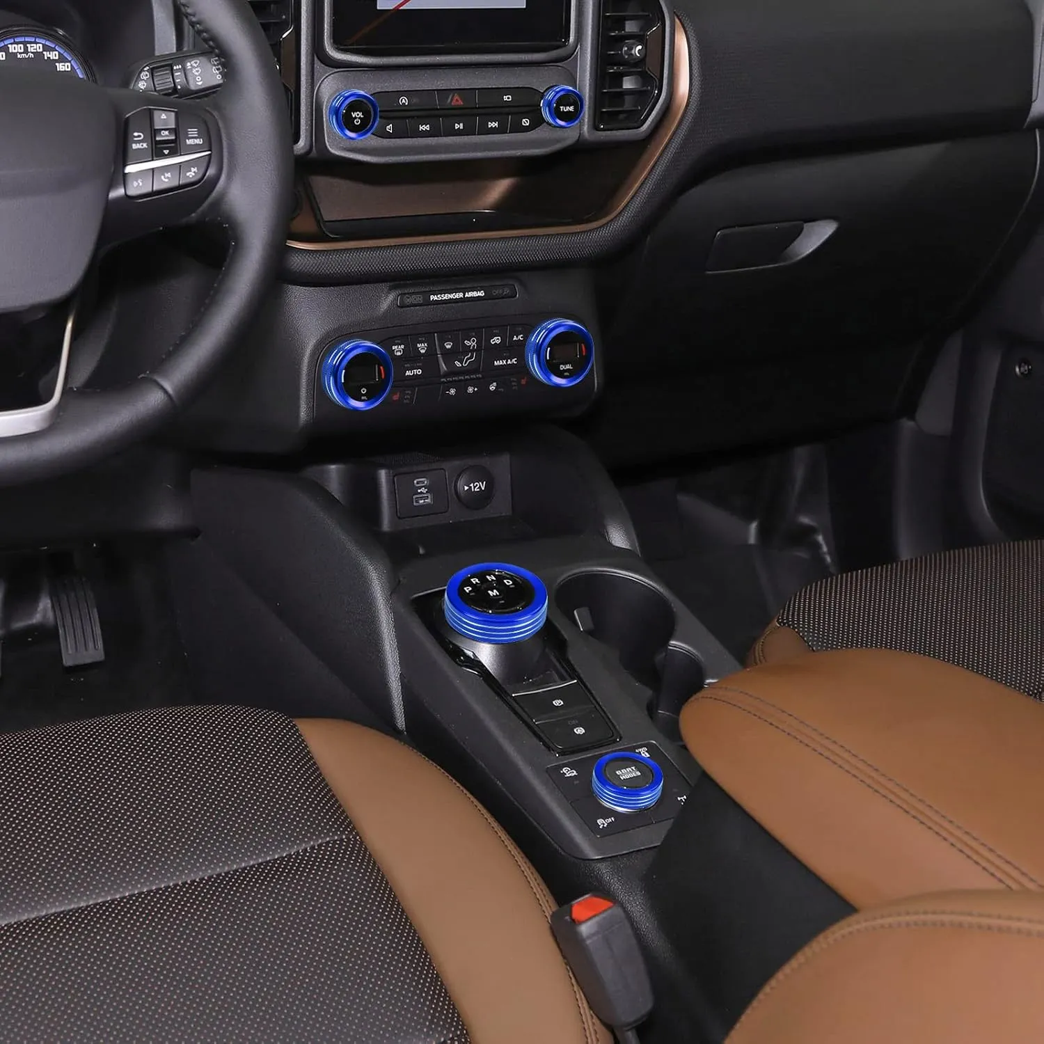 for 2021-2024 Ford Bronco Sport Accessories Air Conditioner AC Headlight Switch Knob 4WD Wheel Drive Trailer Gear Shift Switch Knob Cover 7PCS Blue Aluminum Alloy(Don't for Bronco)