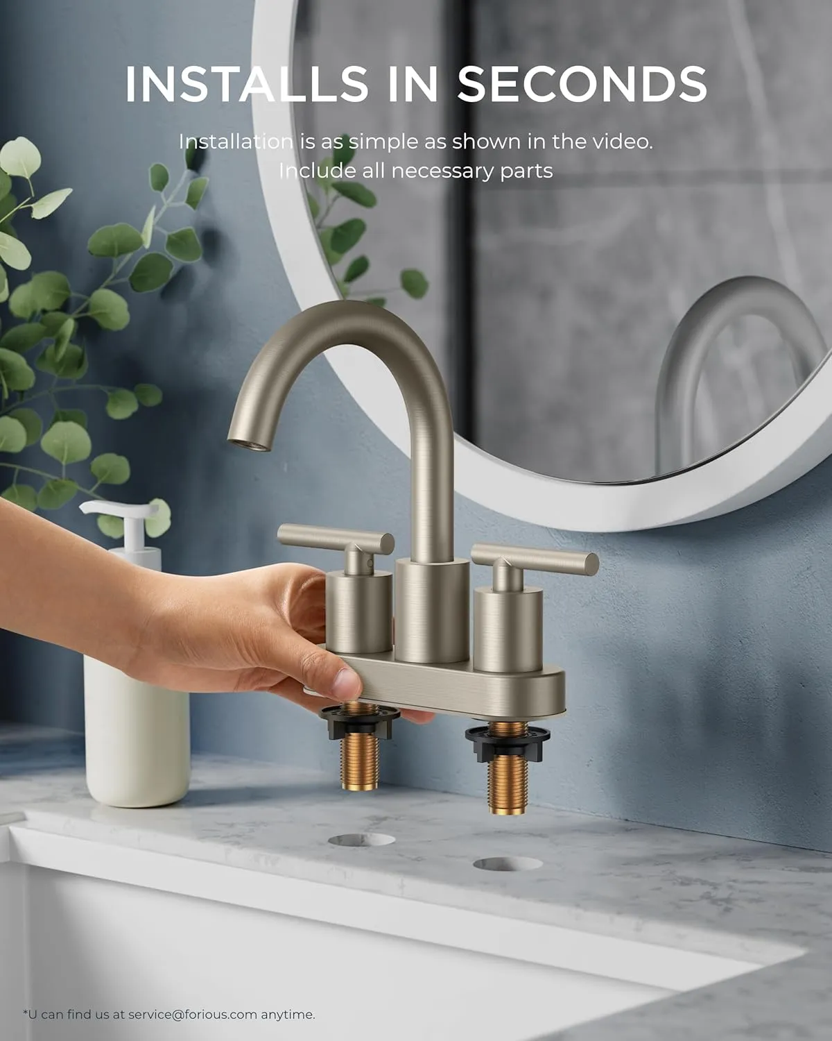 FORIOUS Brushed Nickel Bathroom Faucet 2 Hole, 4 Inch Centerset Bathroom Sink Faucet Brushed Nickel with Metal Dain, 24" CUPC Hoses, 360° Swivel Gooseneck for RV Basin
