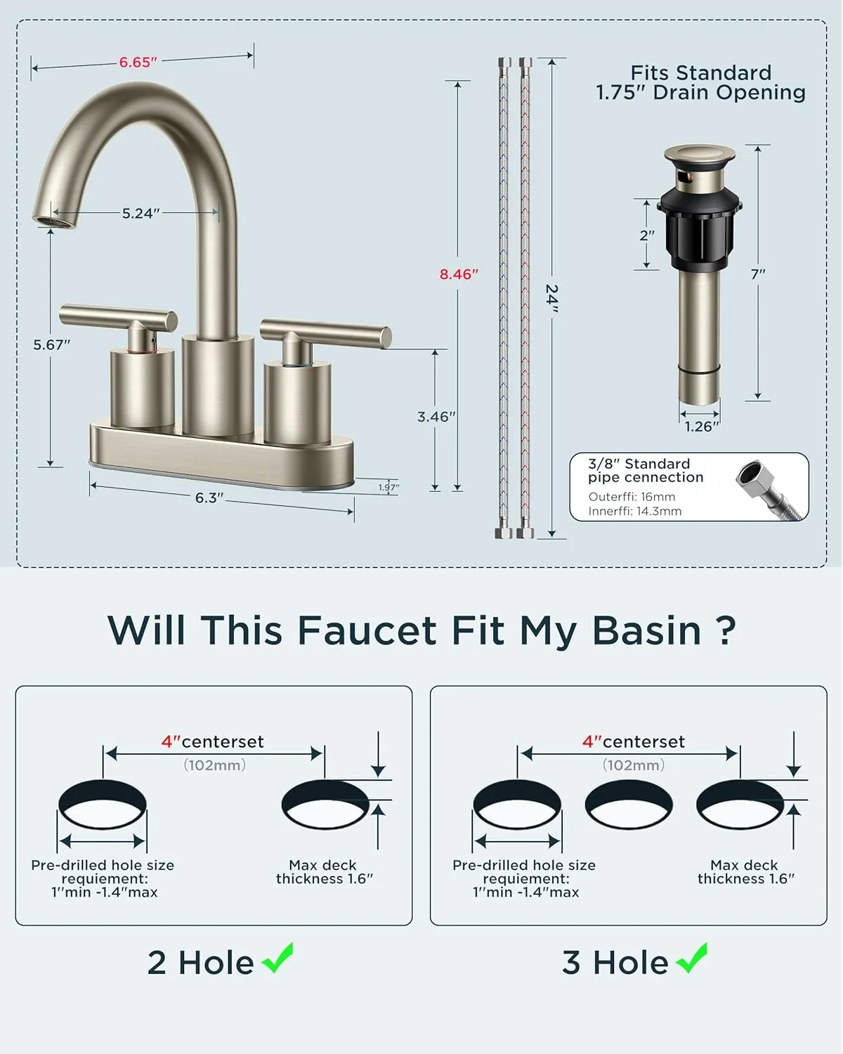 FORIOUS Brushed Nickel Bathroom Faucet 2 Hole, 4 Inch Centerset Bathroom Sink Faucet Brushed Nickel with Metal Dain, 24" CUPC Hoses, 360° Swivel Gooseneck for RV Basin
