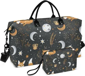 Fox Plants Stars Moons and Constellations Travel Duffle Bag,Large Weekender Travel Bag for Women Men Waterproof Luggage Bag with Trolley Sleeve,Airplane Travel Essentials for Flying