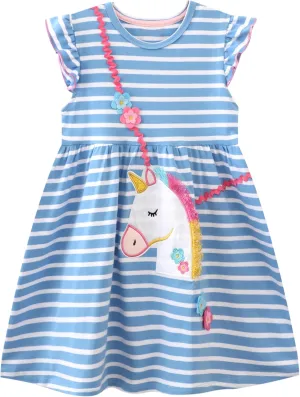 FreeLu Toddler Girls Striped Summer Dress Cartoon Appliques Dresses Girls Cotton Casual Clothing 2-7Y