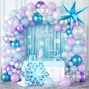 Frozen Balloon Garland Arch Kit, Snowflake Pearl Blue Purple Metallic Purple Blue Silver and White Balloons for Winter Wonderland Christmas Baby Shower Snow Princess Frozen Birthday Party Decoration