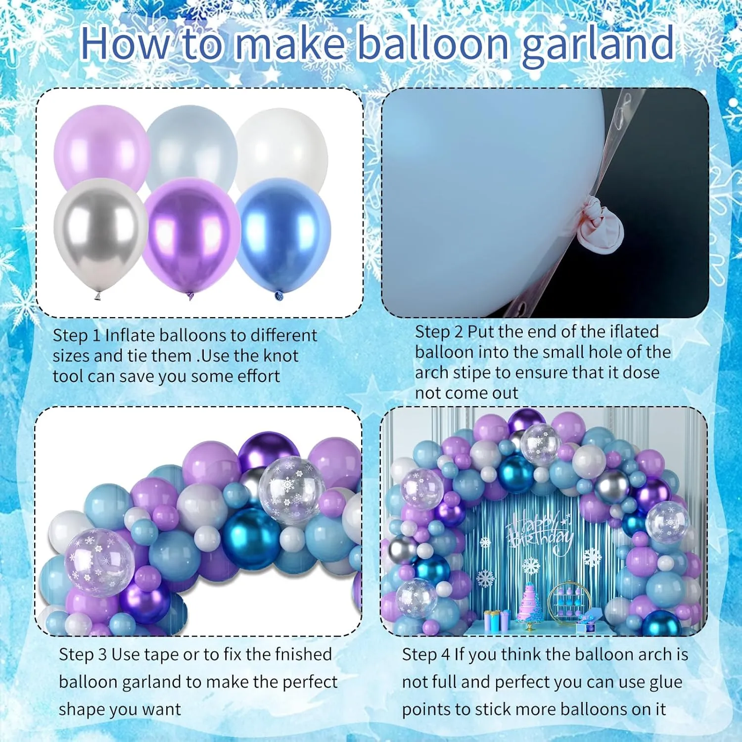 Frozen Balloon Garland Arch Kit, Snowflake Pearl Blue Purple Metallic Purple Blue Silver and White Balloons for Winter Wonderland Christmas Baby Shower Snow Princess Frozen Birthday Party Decoration