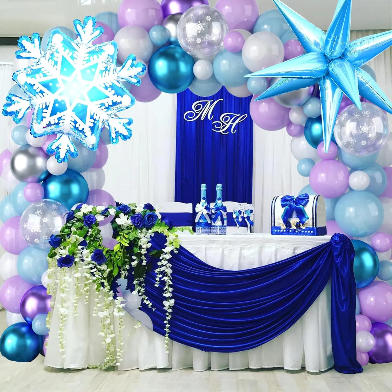 Frozen Balloon Garland Arch Kit, Snowflake Pearl Blue Purple Metallic Purple Blue Silver and White Balloons for Winter Wonderland Christmas Baby Shower Snow Princess Frozen Birthday Party Decoration