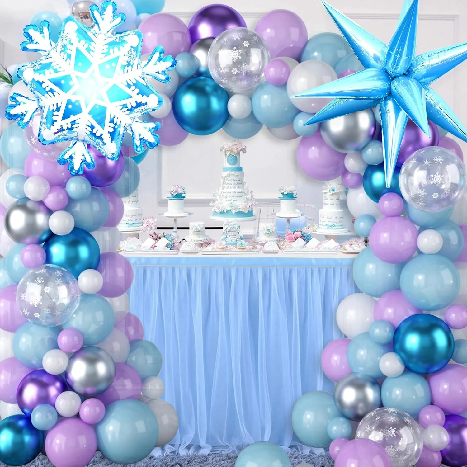 Frozen Balloon Garland Arch Kit, Snowflake Pearl Blue Purple Metallic Purple Blue Silver and White Balloons for Winter Wonderland Christmas Baby Shower Snow Princess Frozen Birthday Party Decoration