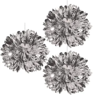Fun Express - Metallic Silver Fluff Balls 16" for Wedding - Party Decor - Hanging Decor - Lanterns - Wedding - 3 Pieces