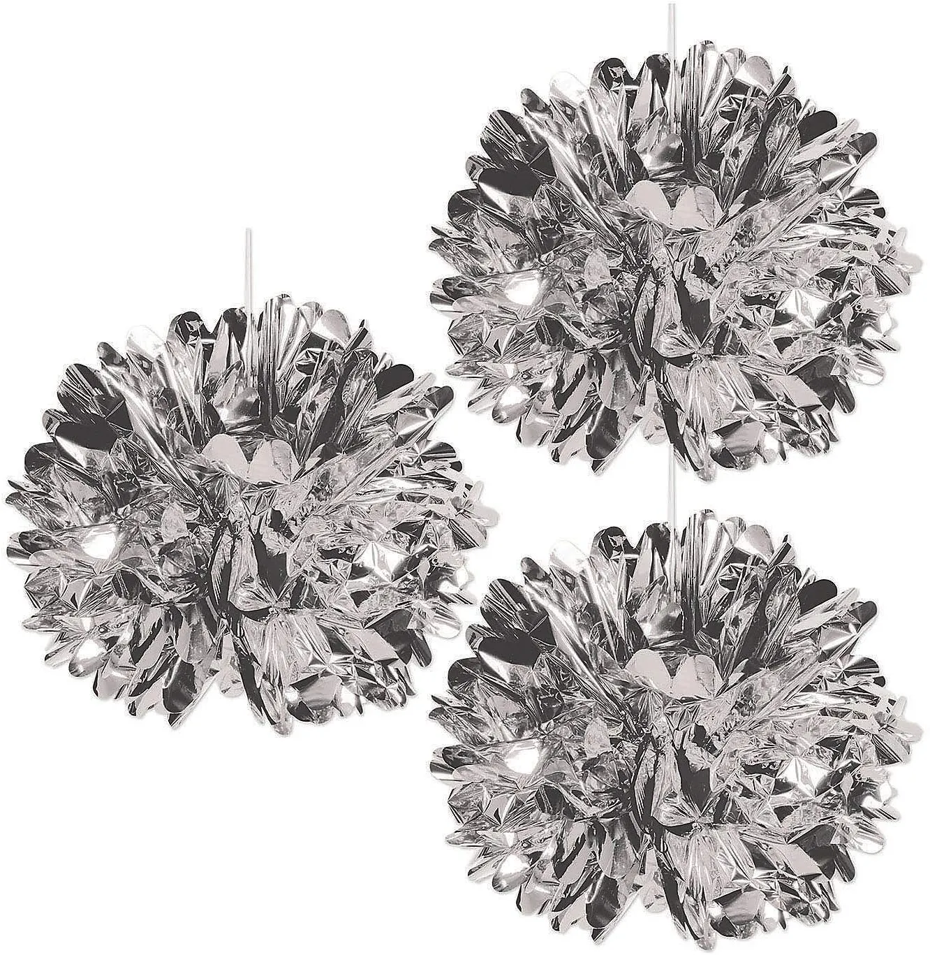 Fun Express - Metallic Silver Fluff Balls 16" for Wedding - Party Decor - Hanging Decor - Lanterns - Wedding - 3 Pieces