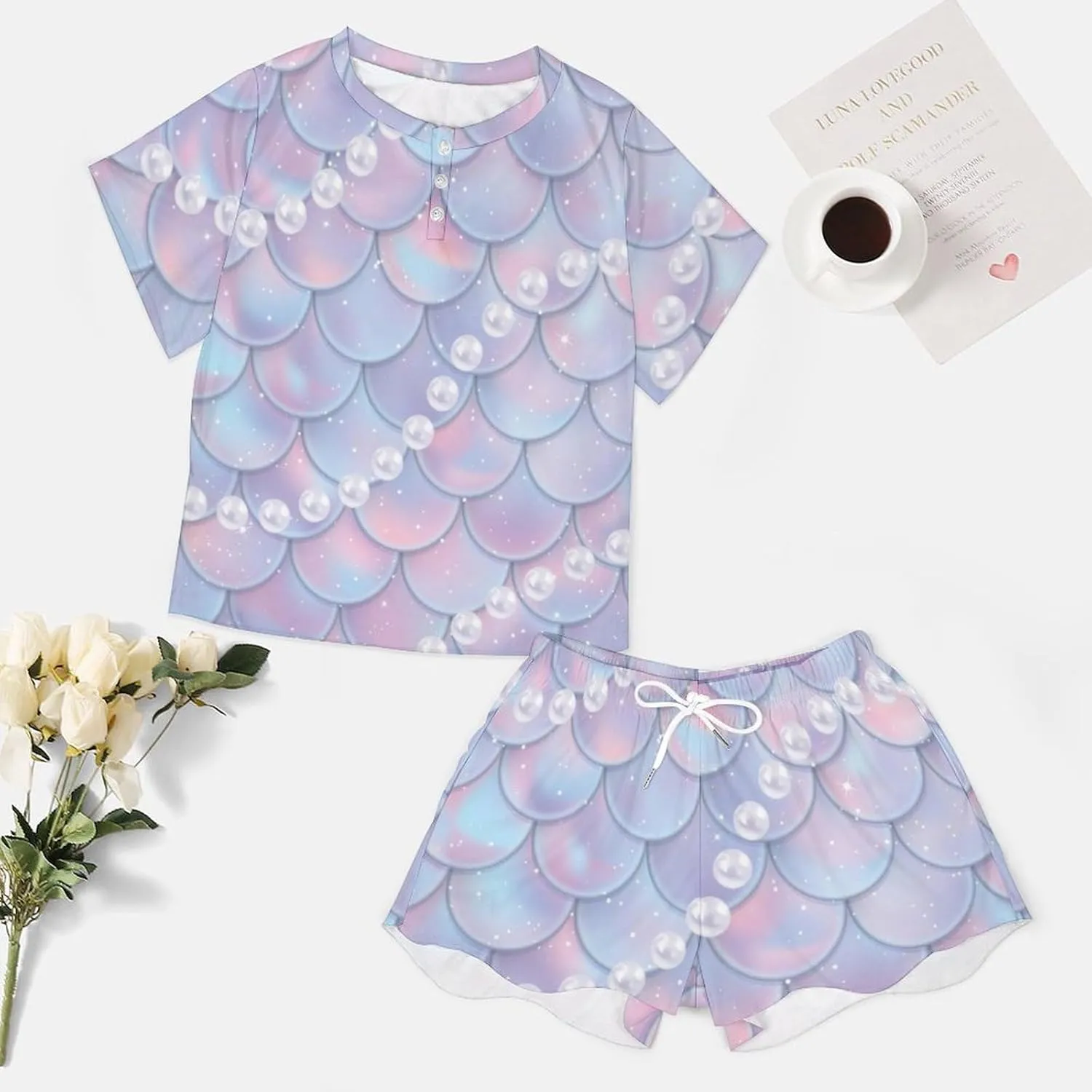 Funny Mermaid Pearls Summer 2 Piece Womens Pajamas Short Sleeve Sleepwear Sets with Pockets