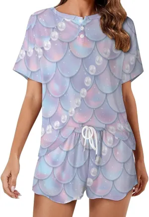 Funny Mermaid Pearls Summer 2 Piece Womens Pajamas Short Sleeve Sleepwear Sets with Pockets
