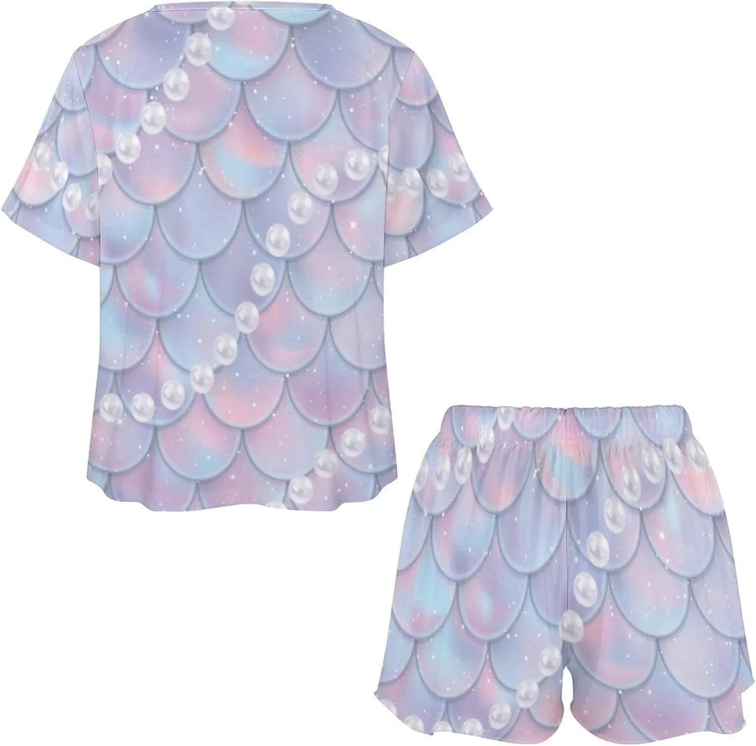Funny Mermaid Pearls Summer 2 Piece Womens Pajamas Short Sleeve Sleepwear Sets with Pockets