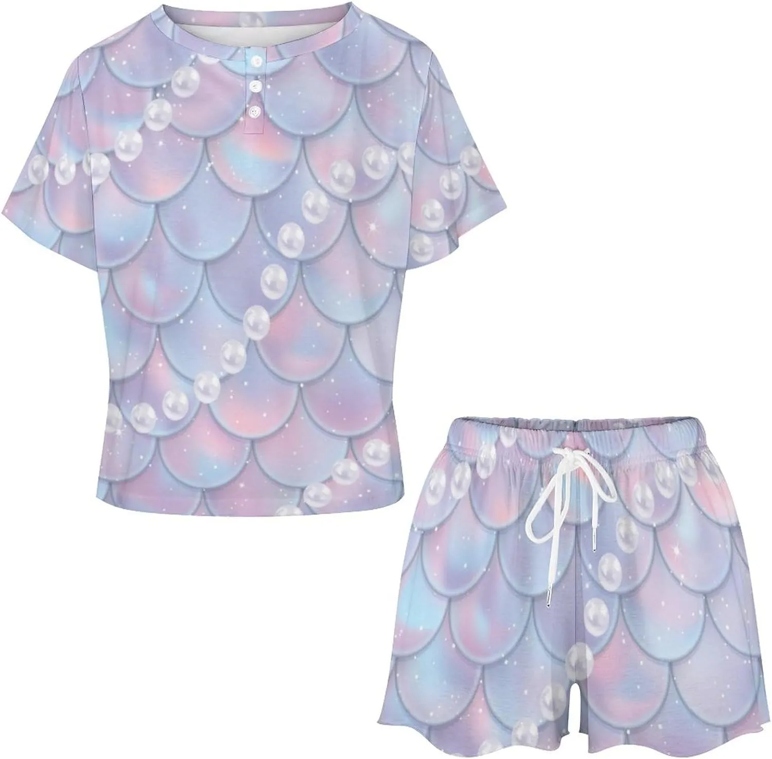 Funny Mermaid Pearls Summer 2 Piece Womens Pajamas Short Sleeve Sleepwear Sets with Pockets