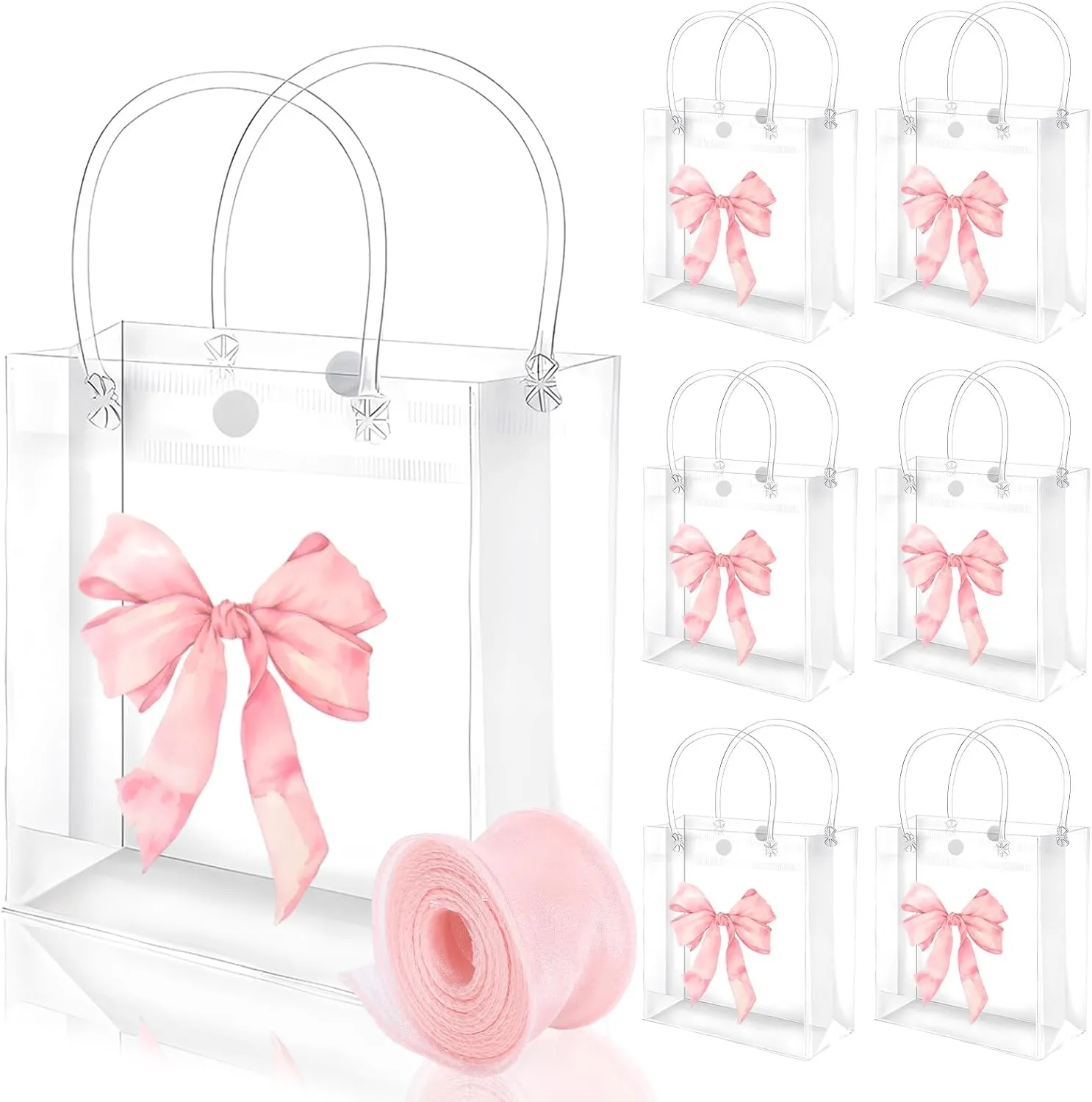 FYSUIMU 12 Pcs Pink Bow Clear PVC Gift Bags Bowknot Coquette Party Favor Bags with Handle Treat Tote Bags with Ribbon for Birthday Baby Shower Bachelorette