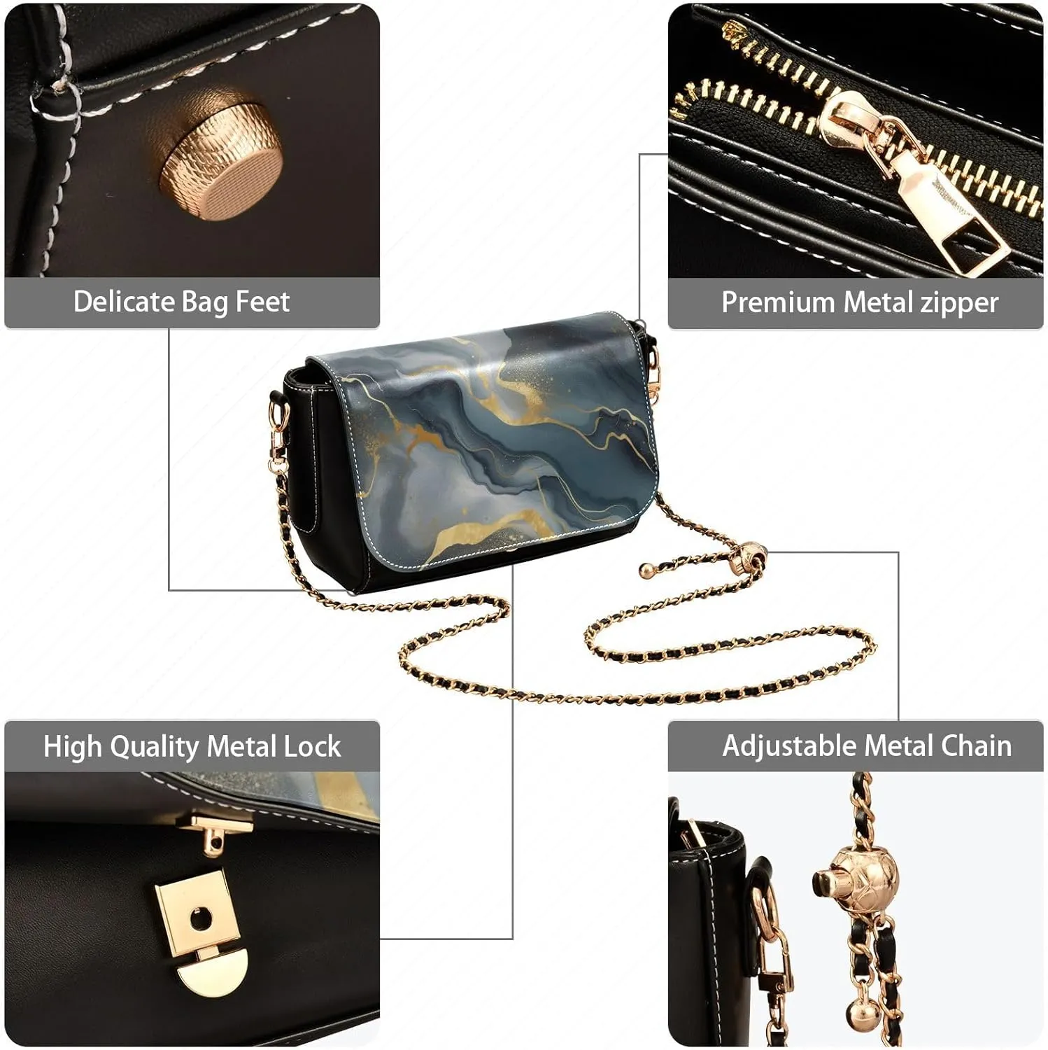 GAIGEO Abstract Gold and Silver Swirls Womens Crossbody Bag Leather, Leather Crossbody Purses for Women