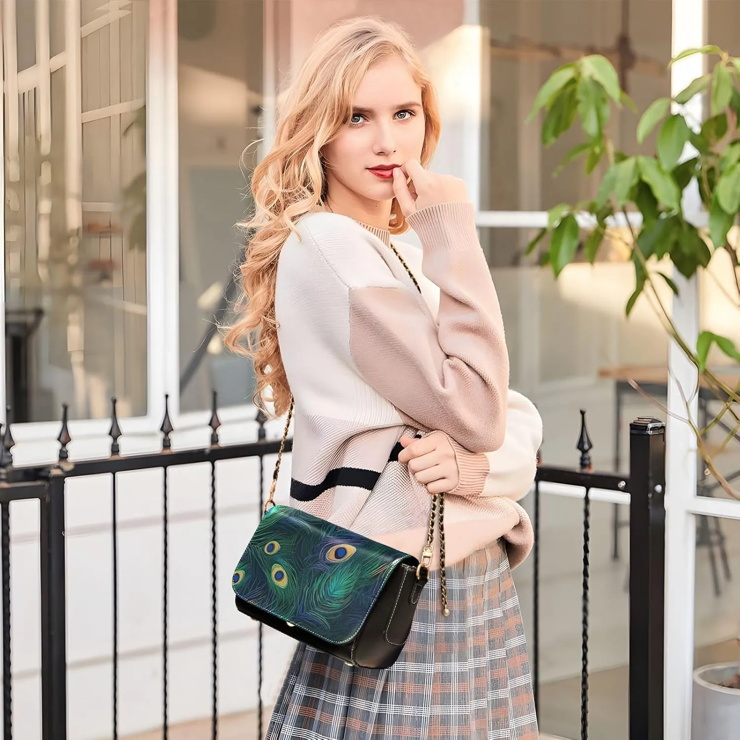 GAIGEO Dragonfly in Turquoise Garland on Black Crossbody Bag with Pocket, Leather Ladies Crossbody Bags