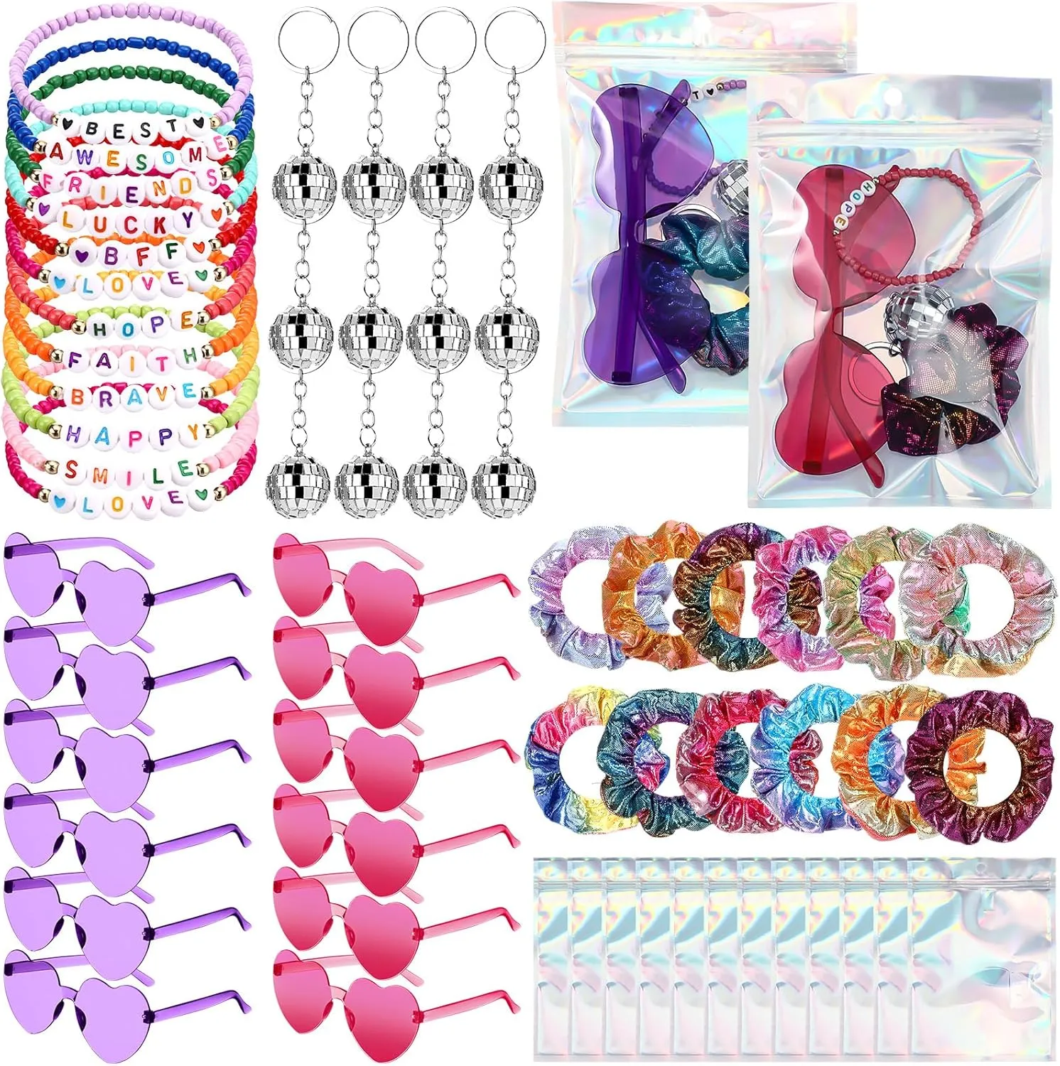 Geiserailie 60 Pcs in My Era Popular Singer Party Favors Beaded Friendship Bracelets Disco Ball Keychain Sunglasses Holographic Scrunchie Set Bags 12 Set Friendship Gifts for 1989 Fans Party Women Era