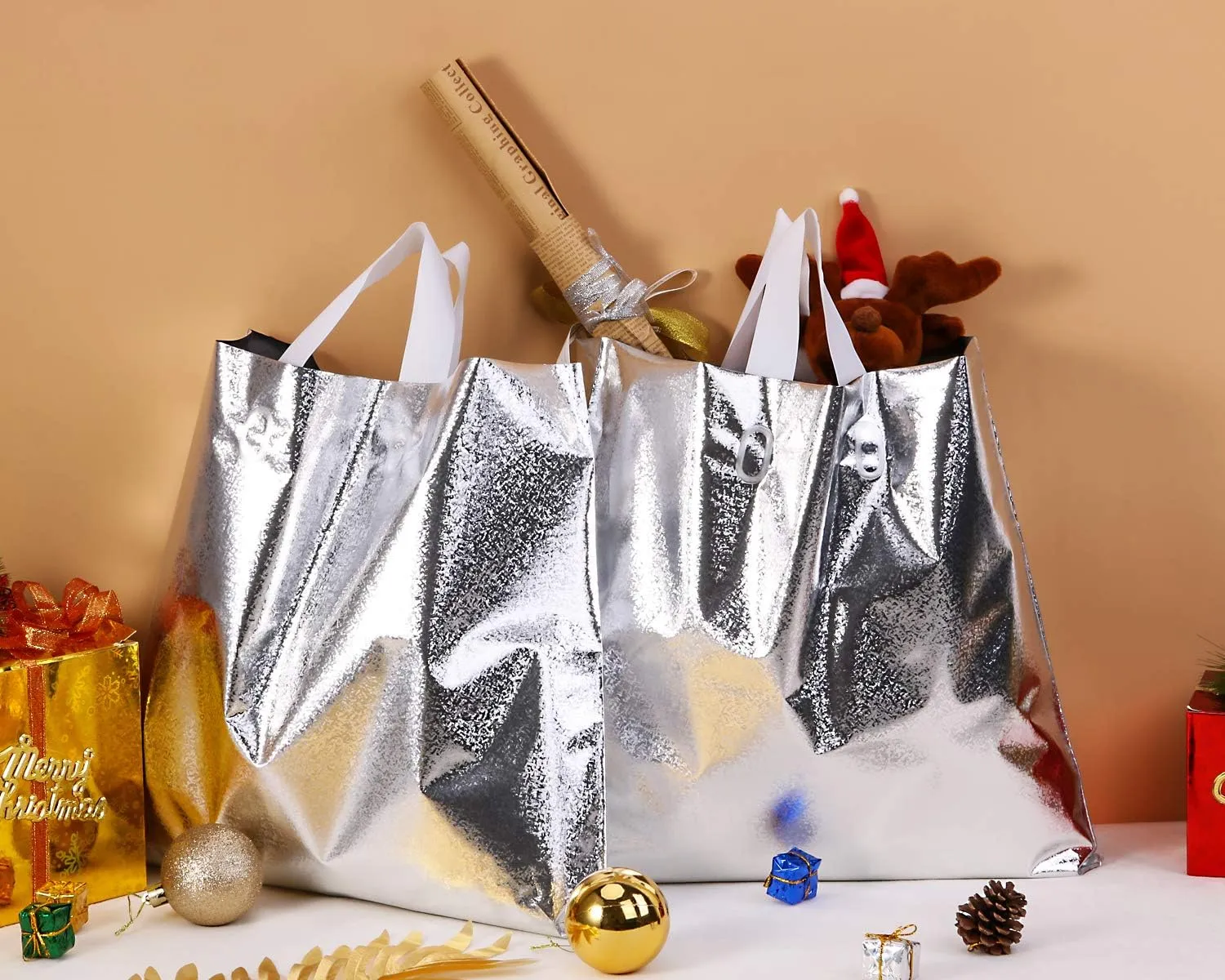 Gesodant Merchandise Bags,Retail Clothing Grocery Boutique Shopping Bags with Handles,Gift Bag, Size 15.7" x 14.2", Set of 50 - Silver