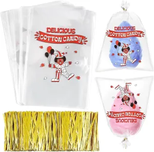 Geyee 500 Count Cotton Candy Bags with Ties Large Clear Cotton Candy Bags with Print, Ideal for the Carnivals Summer Party Kitchen Supplies 17.7 x 11.8 Inch