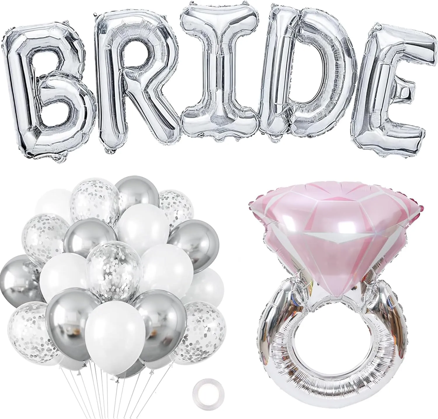 Giant Silver Bride Balloons - 40 Inch, 36 Pack | Silver White Confetii Foil Balloons for Bachelorette Party Decorations | Bride to Be Metallic Ballons for Bridal Shower Decorations