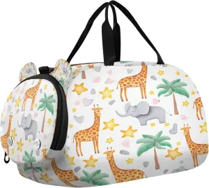 Giraffes Elephant Kids Overnight Sports Duffel Bags with Shoe Compartment & Wet Pocket Travel Sport Gym Bag for Girls Boys