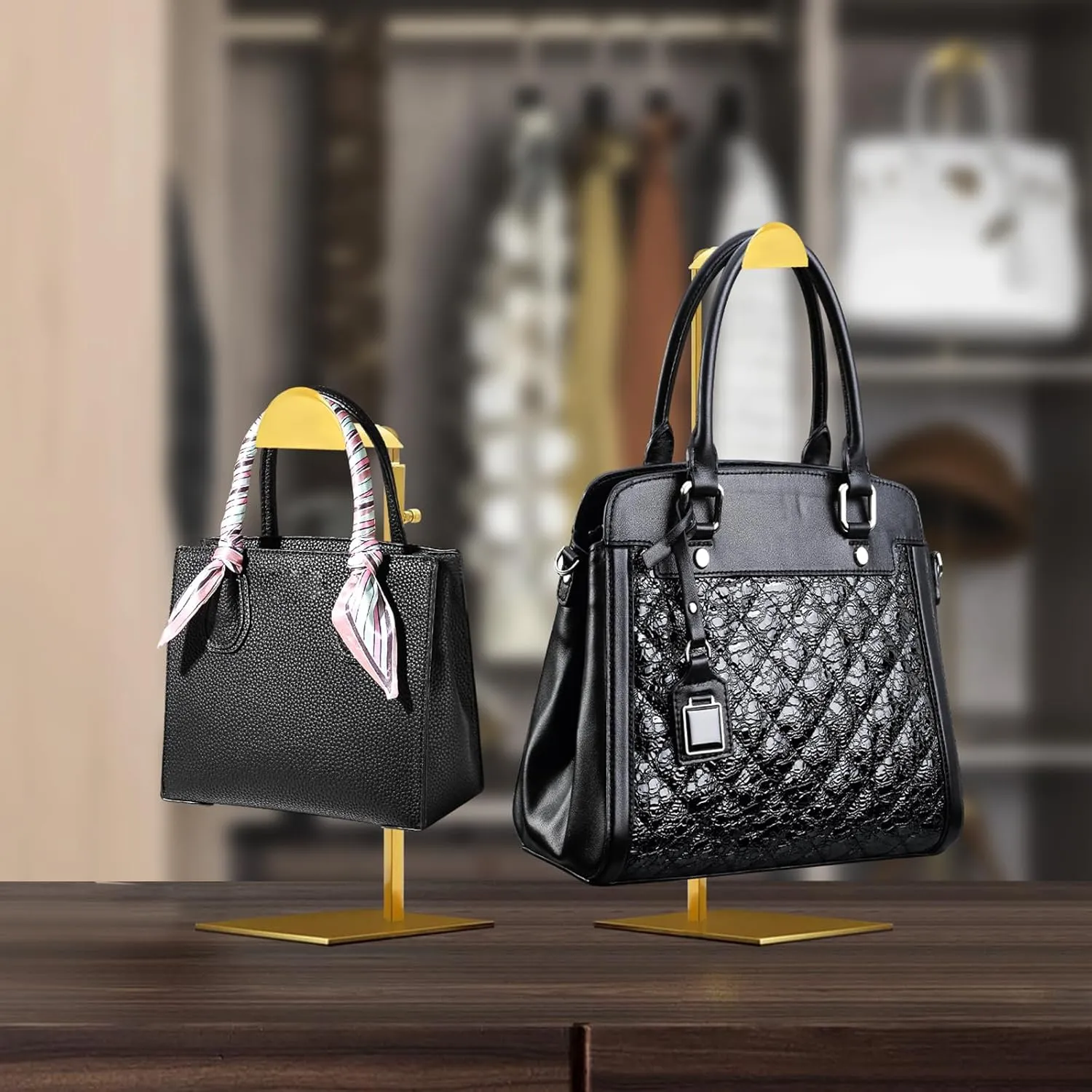 Gold Finish 3 Pack Handbag Display Stand - Adjustable Height Purse Display Stand for Organizing and Showcasing