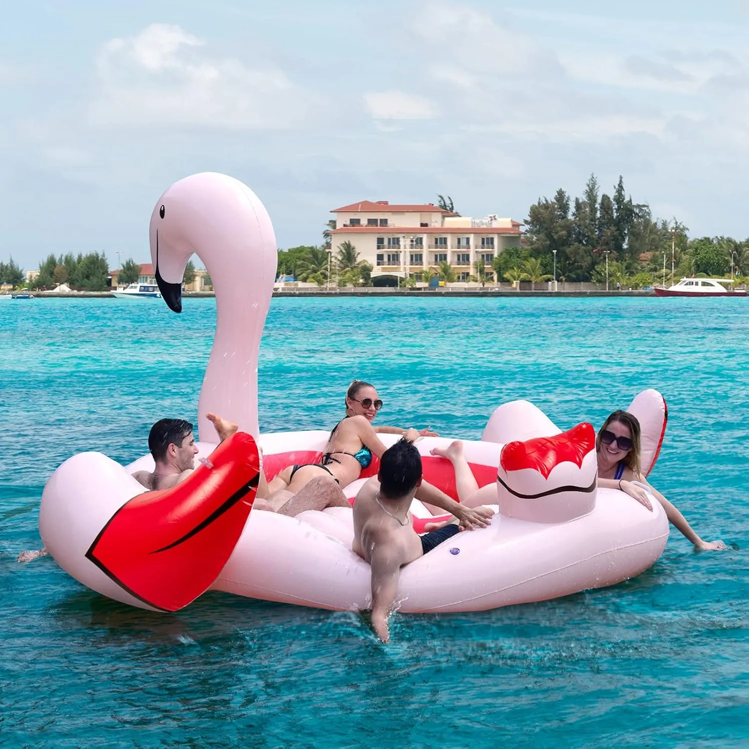 Goplus Giant Flamingo Pool Float, 4-6 People Inflatable Pool Raft w/Air Pump & 6 Cup Holders for Adults Kids, Floating Island Toys for Party, Beach, River, Lake