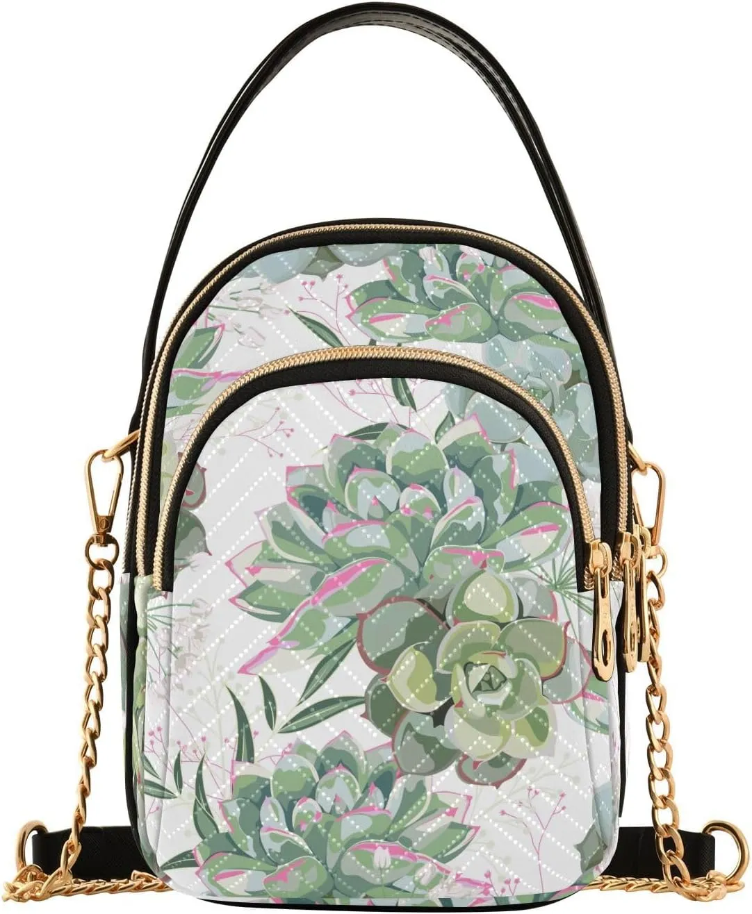 Green Pink Succulent Pattern Design Crossbody Bags Shoulder Bag for Women Stylish Ladies Messenger Bags Cell Phone Purse and Handbags Wallet