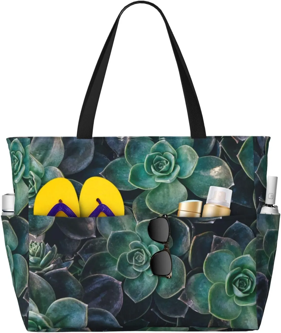 Green Succulent print Large Waterproof Beach Bag for Women Tote Bag for Travel Vacation fun Travel Bag