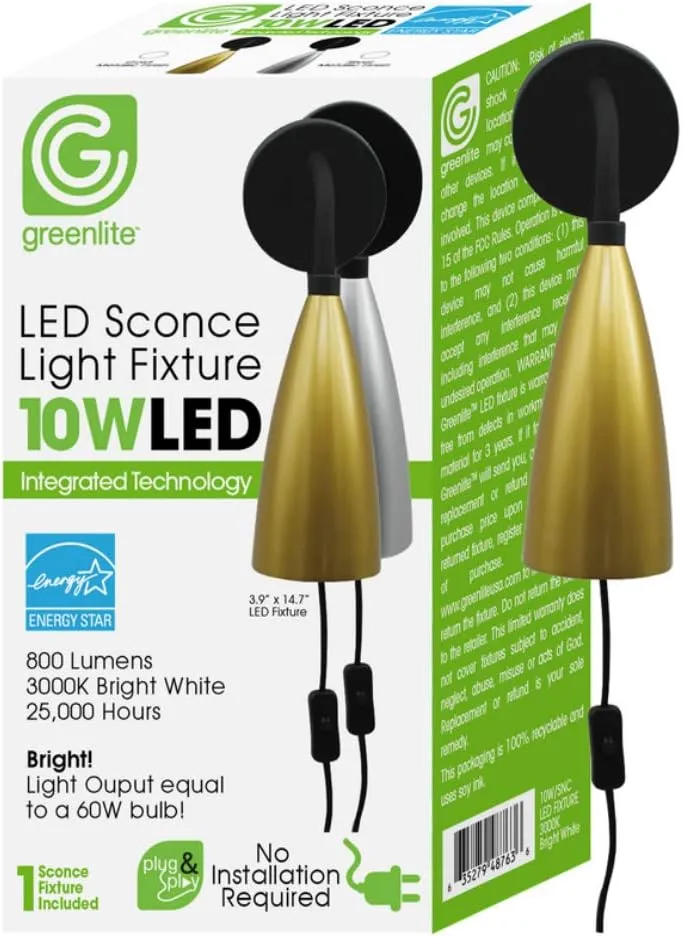 Greenlite Plug & Play 1-Light Metallic Wall Sconce - Case Of: 1;