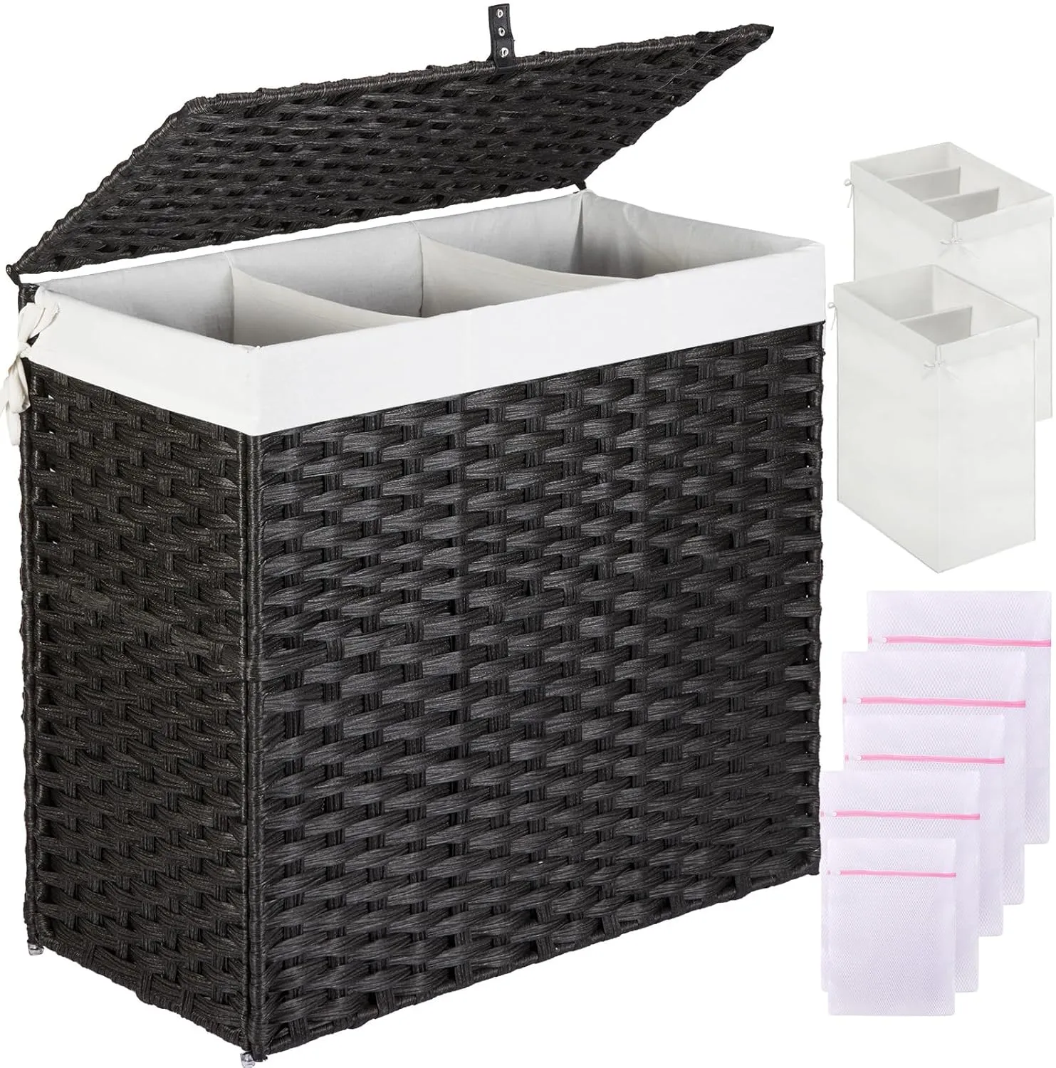 Greenstell Laundry Hamper with Lid, 125L Large Clothes Hamper with 3 Section & 2 Section Removable Liner Bags & 5 Mesh Laundry Bags, Handwoven Synthetic Rattan Divided Laundry Basket, Black