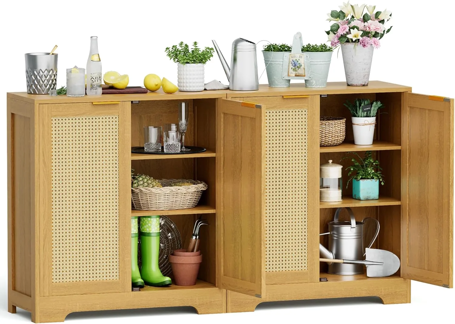 Greesum Outdoor Storage Cabinet, Wooden Ratten Cabinet with Magnetic Doors,Used for Outdoor Storage, Buffet Cabinet, TV Stand, Bar Table,(2PCS, Brown)