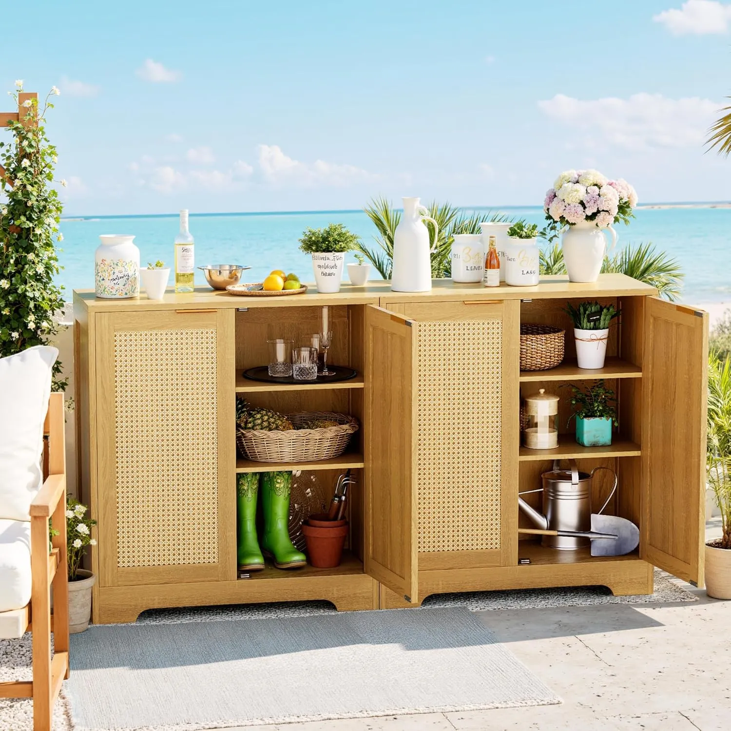 Greesum Outdoor Storage Cabinet, Wooden Ratten Cabinet with Magnetic Doors,Used for Outdoor Storage, Buffet Cabinet, TV Stand, Bar Table,(2PCS, Brown)