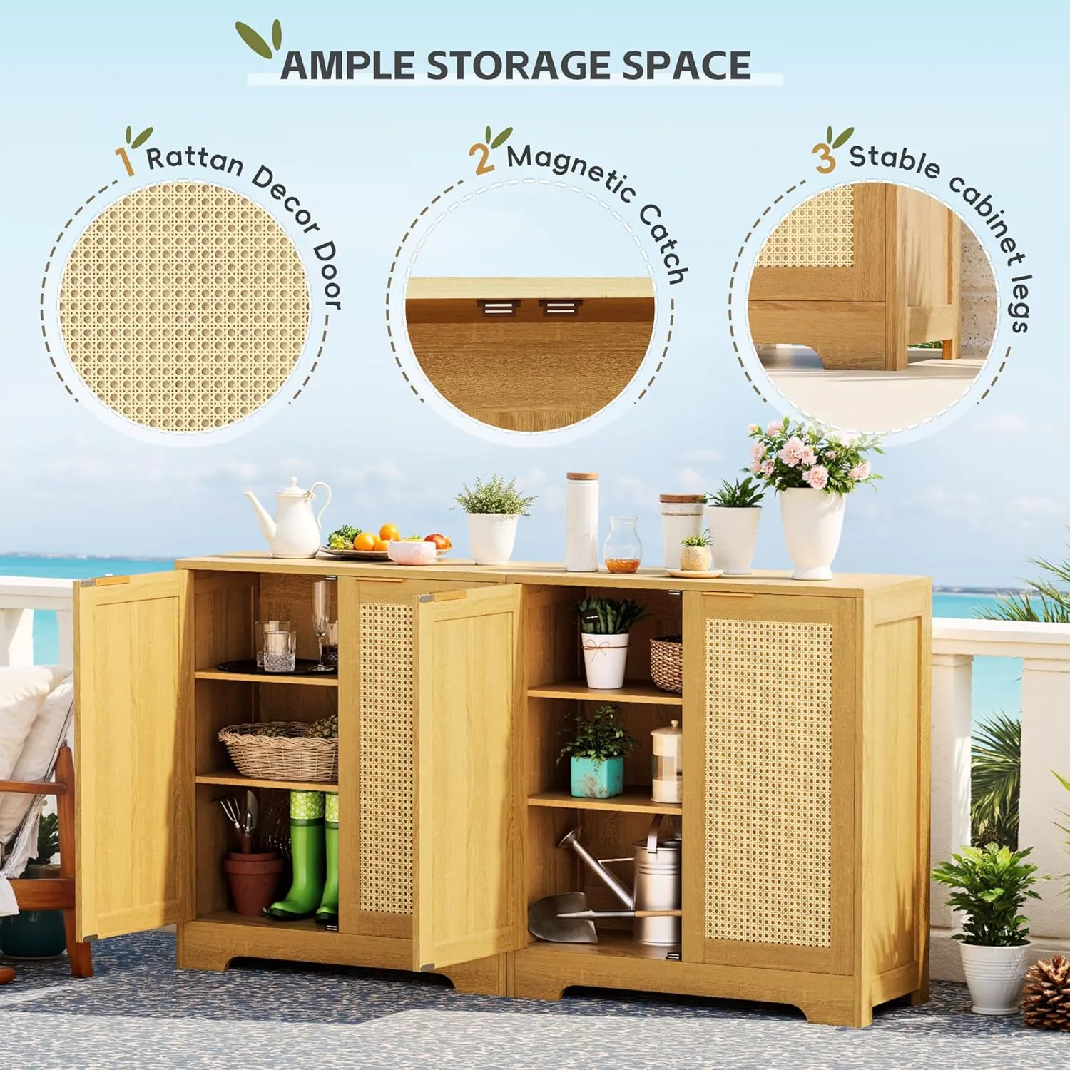 Greesum Outdoor Storage Cabinet, Wooden Ratten Cabinet with Magnetic Doors,Used for Outdoor Storage, Buffet Cabinet, TV Stand, Bar Table,(2PCS, Brown)
