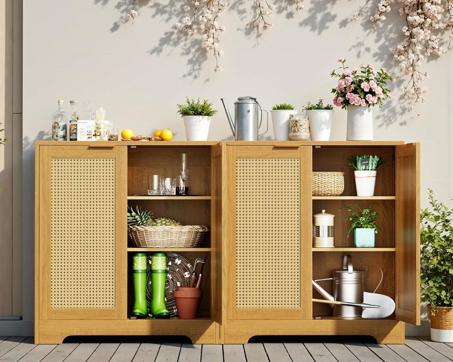 Greesum Outdoor Storage Cabinet, Wooden Ratten Cabinet with Magnetic Doors,Used for Outdoor Storage, Buffet Cabinet, TV Stand, Bar Table,(2PCS, Brown)