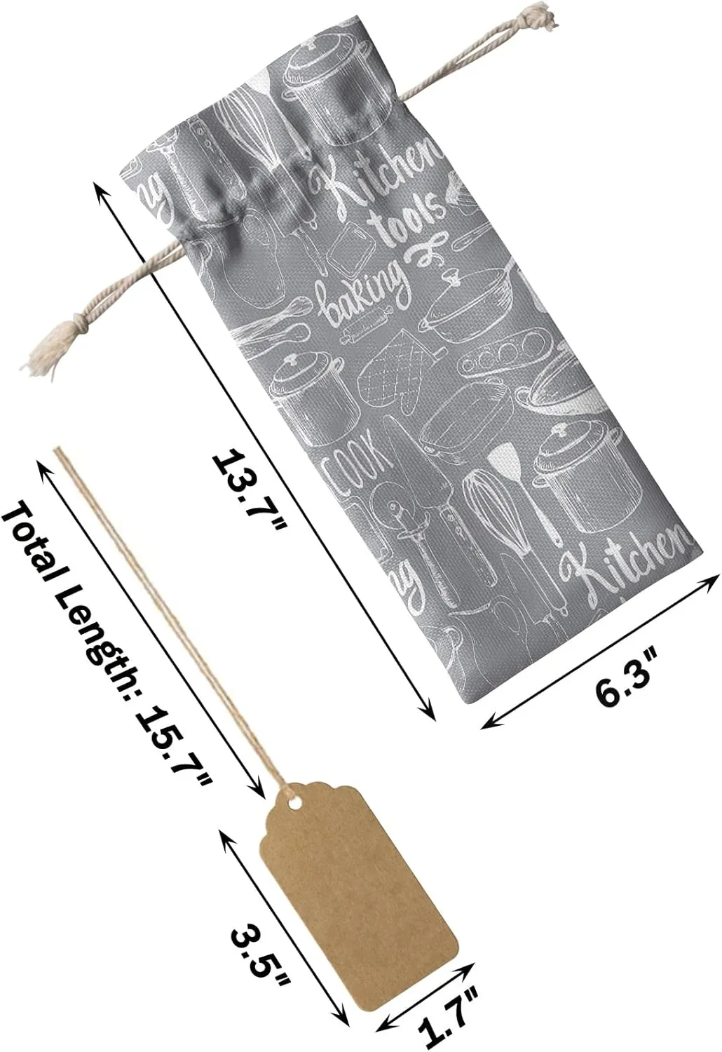 Grey Kitchen Tools Wine Bottle Bags Wine Bottle Cover with Drawstring, Rustic Fork Spoon Retro Wood Grain Gift Bag for Champagne, Wedding, Birthday, Party