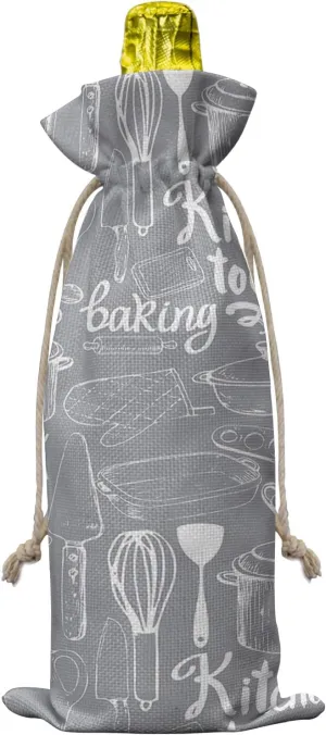 Grey Kitchen Tools Wine Bottle Bags Wine Bottle Cover with Drawstring, Rustic Fork Spoon Retro Wood Grain Gift Bag for Champagne, Wedding, Birthday, Party