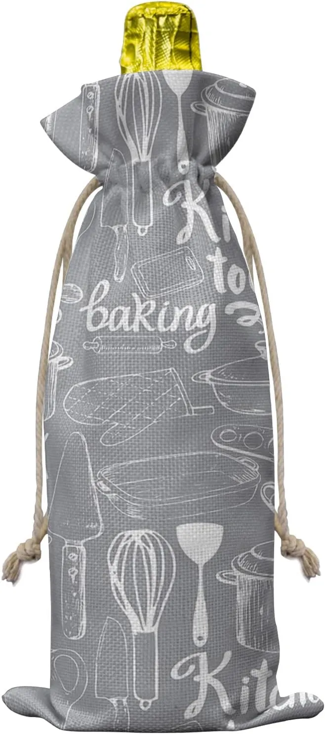 Grey Kitchen Tools Wine Bottle Bags Wine Bottle Cover with Drawstring, Rustic Fork Spoon Retro Wood Grain Gift Bag for Champagne, Wedding, Birthday, Party