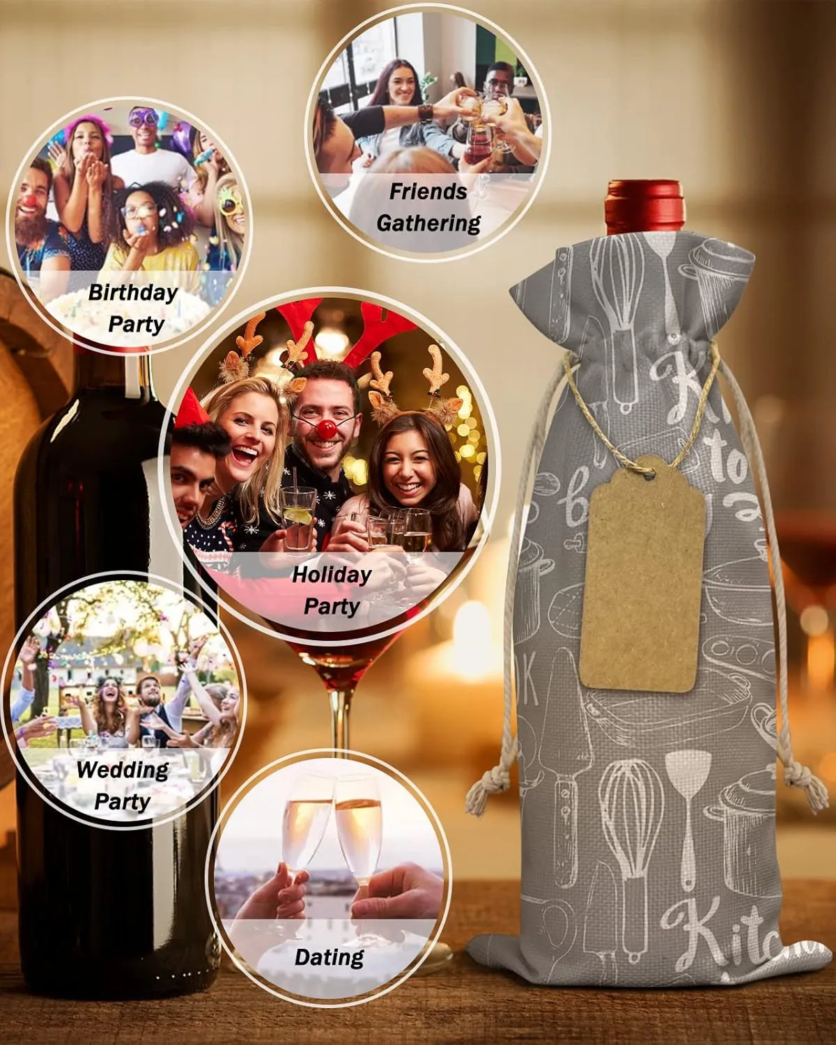 Grey Kitchen Tools Wine Bottle Bags Wine Bottle Cover with Drawstring, Rustic Fork Spoon Retro Wood Grain Gift Bag for Champagne, Wedding, Birthday, Party