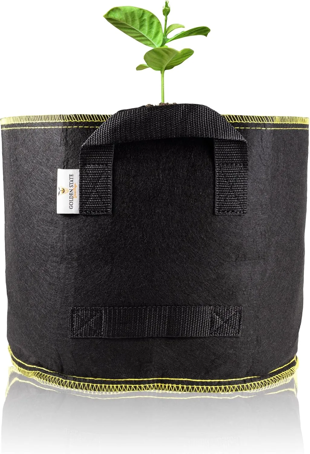 Grow Bags: 5-Pack (Size: 25 Gallon): 300gsm Black Felt Fabric w/Yellow Stitch, Biodegradable and eco-Friendly Material. (Handles   Dumping Handles-pat.Pend).