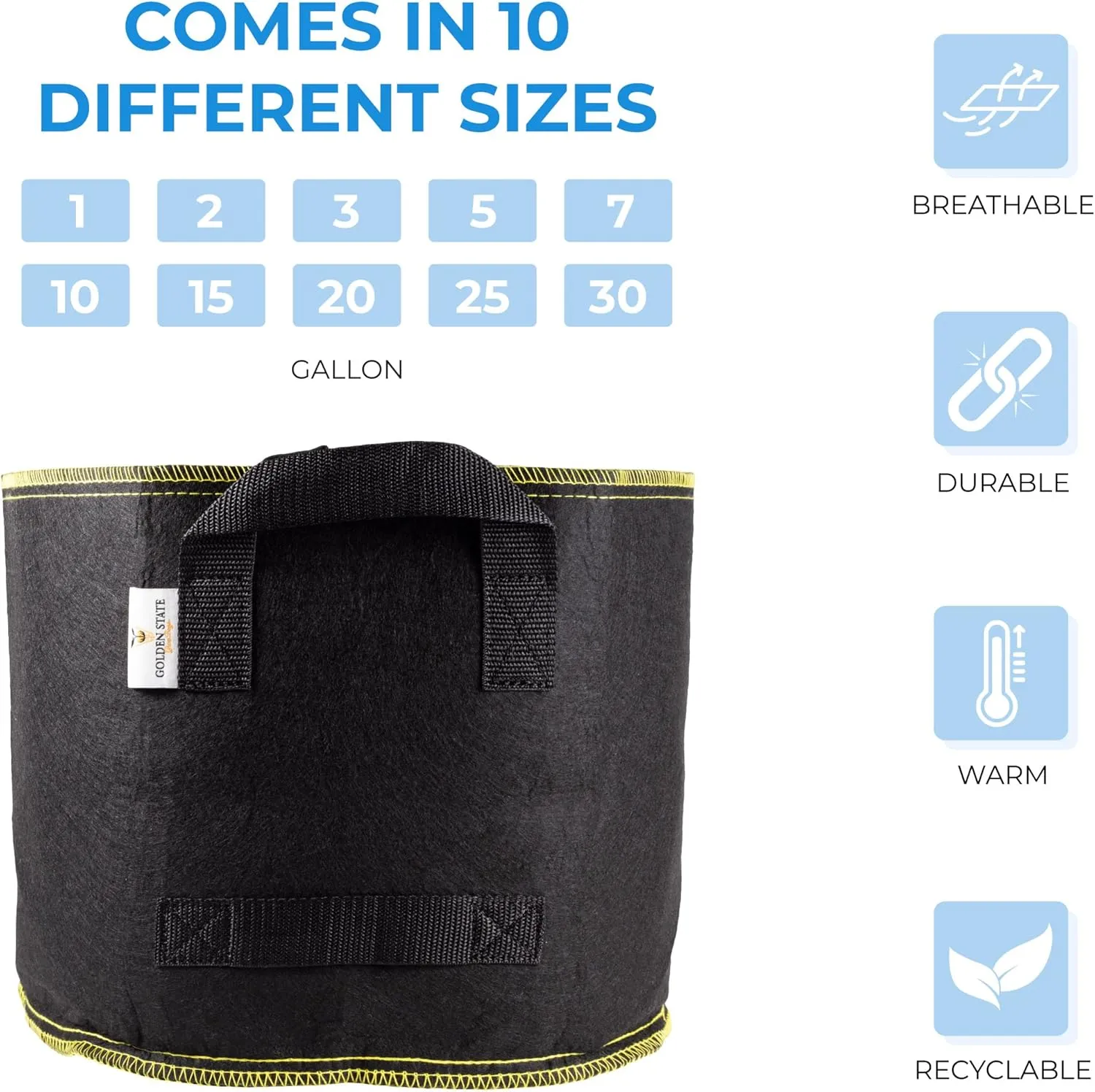 Grow Bags: 5-Pack (Size: 25 Gallon): 300gsm Black Felt Fabric w/Yellow Stitch, Biodegradable and eco-Friendly Material. (Handles   Dumping Handles-pat.Pend).