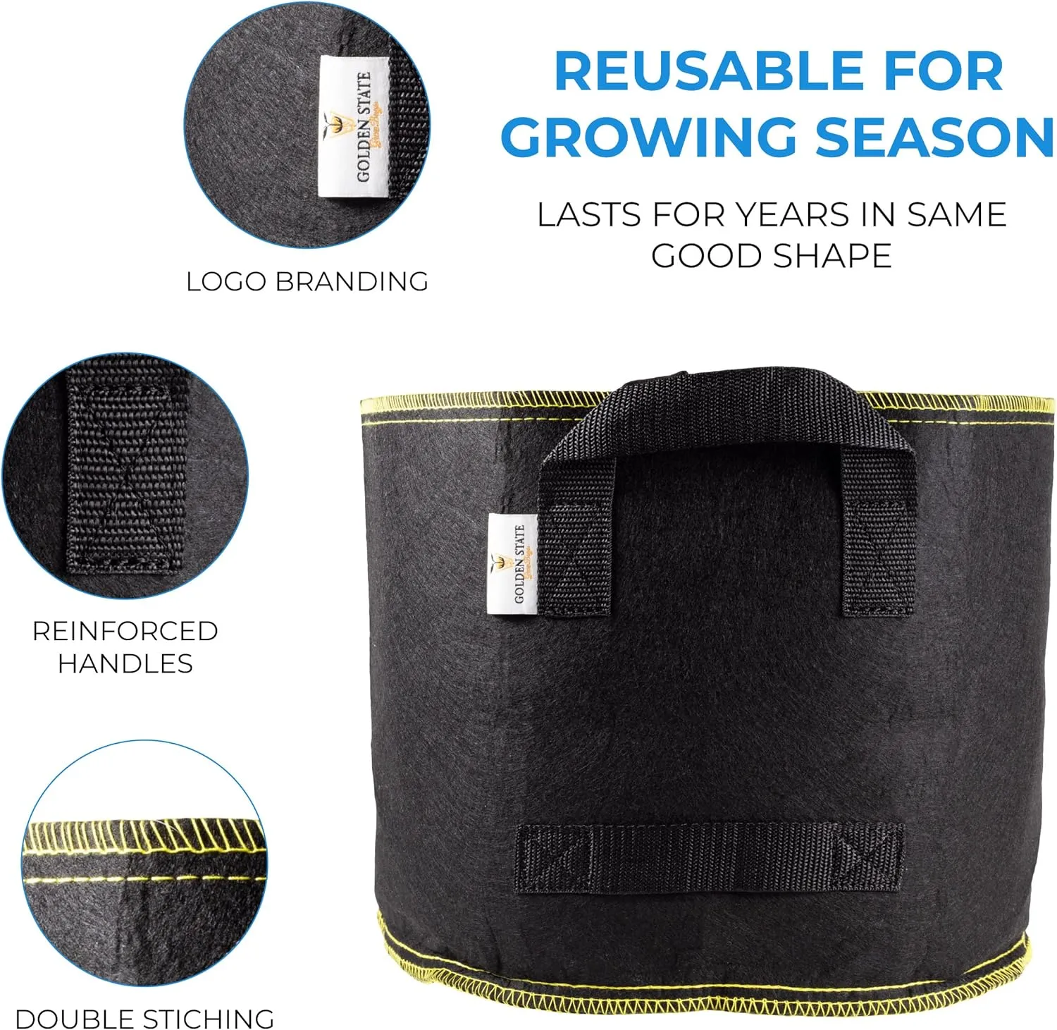 Grow Bags: 5-Pack (Size: 25 Gallon): 300gsm Black Felt Fabric w/Yellow Stitch, Biodegradable and eco-Friendly Material. (Handles   Dumping Handles-pat.Pend).