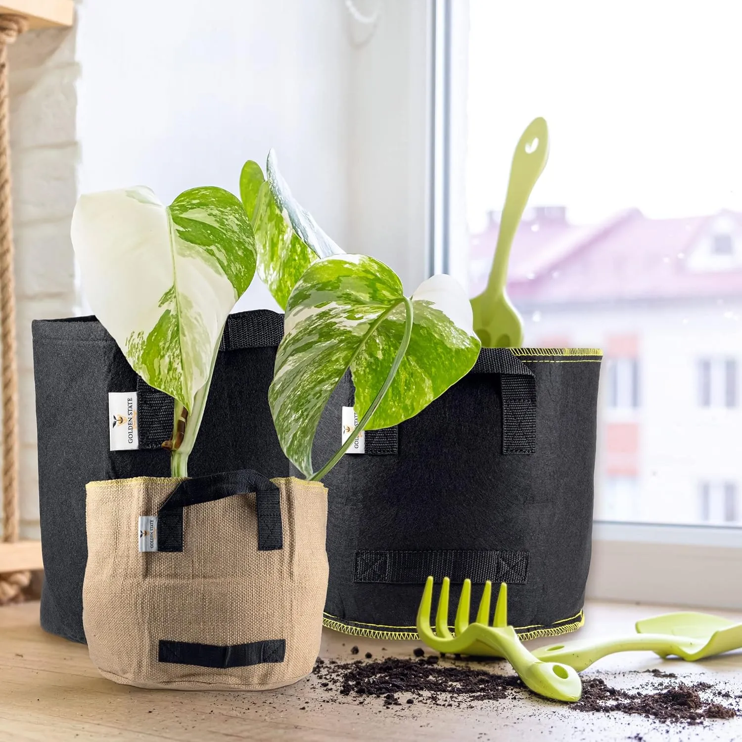 Grow Bags: 5-Pack (Size: 25 Gallon): 300gsm Black Felt Fabric w/Yellow Stitch, Biodegradable and eco-Friendly Material. (Handles   Dumping Handles-pat.Pend).