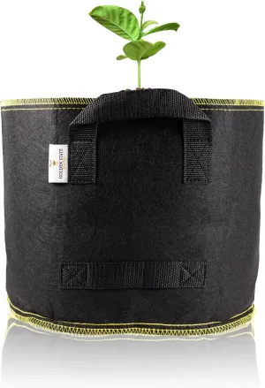Grow Bags: 5-Pack (Size: 25 Gallon): 300gsm Black Felt Fabric w/Yellow Stitch, Biodegradable and eco-Friendly Material. (Handles   Dumping Handles-pat.Pend).