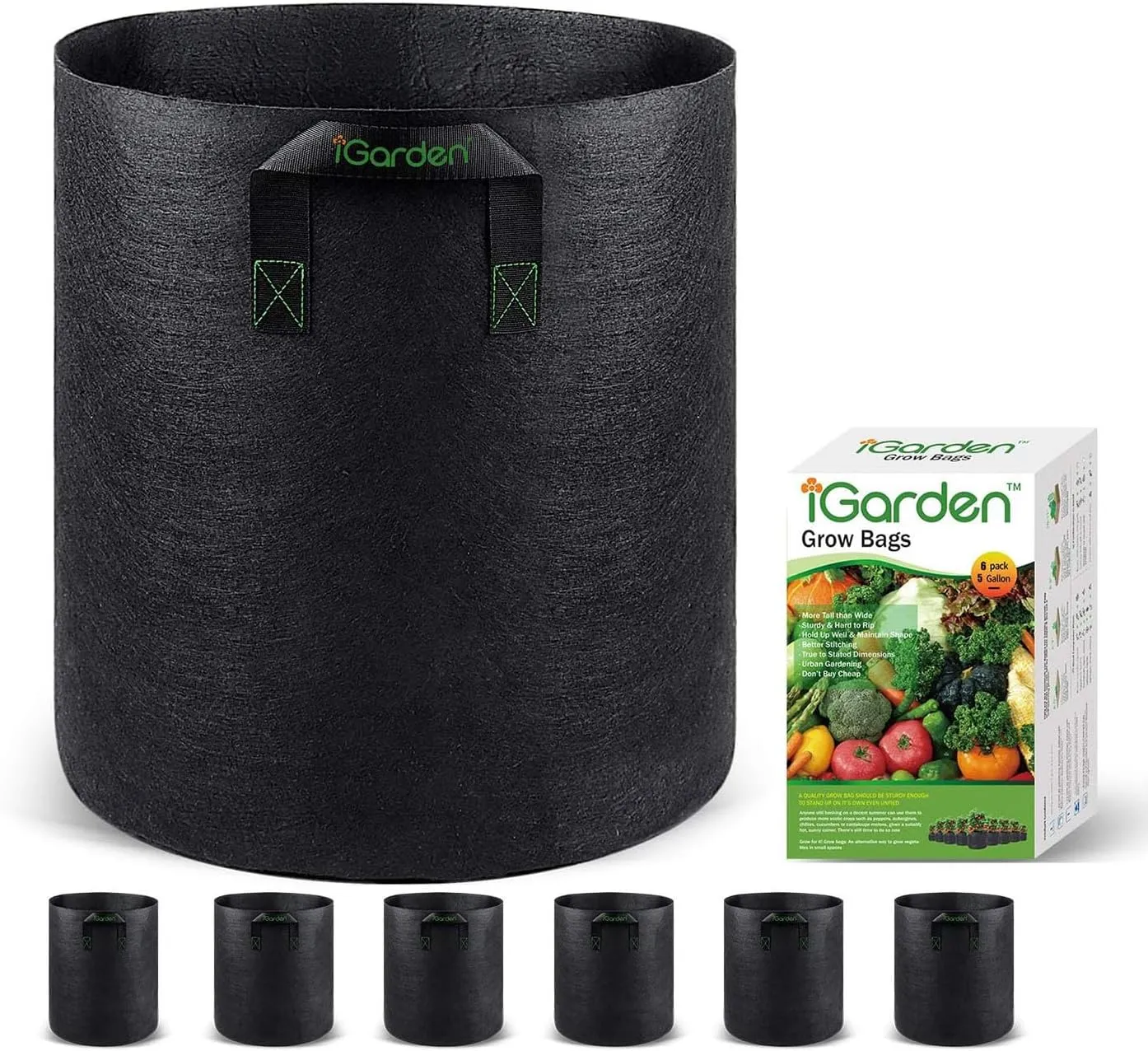 Grow Bags Tall, 5 Gallon Grow Pots 6 Pack with Handles, Heavy Duty 280G Thickened Nonwoven Fabric Plant Bag for Vegetables, Black