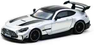 GT Black Series Silver Metallic with Black Hood Stripes and Top Global64 Series 1/64 Diecast Model by Tarmac Works T64G-042-SL