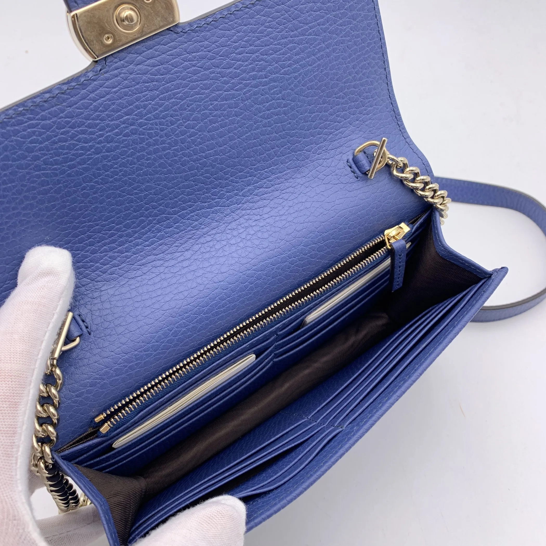 GUCCI Blue Leather Gg Woc Wallet On Chain Crossbody Bag